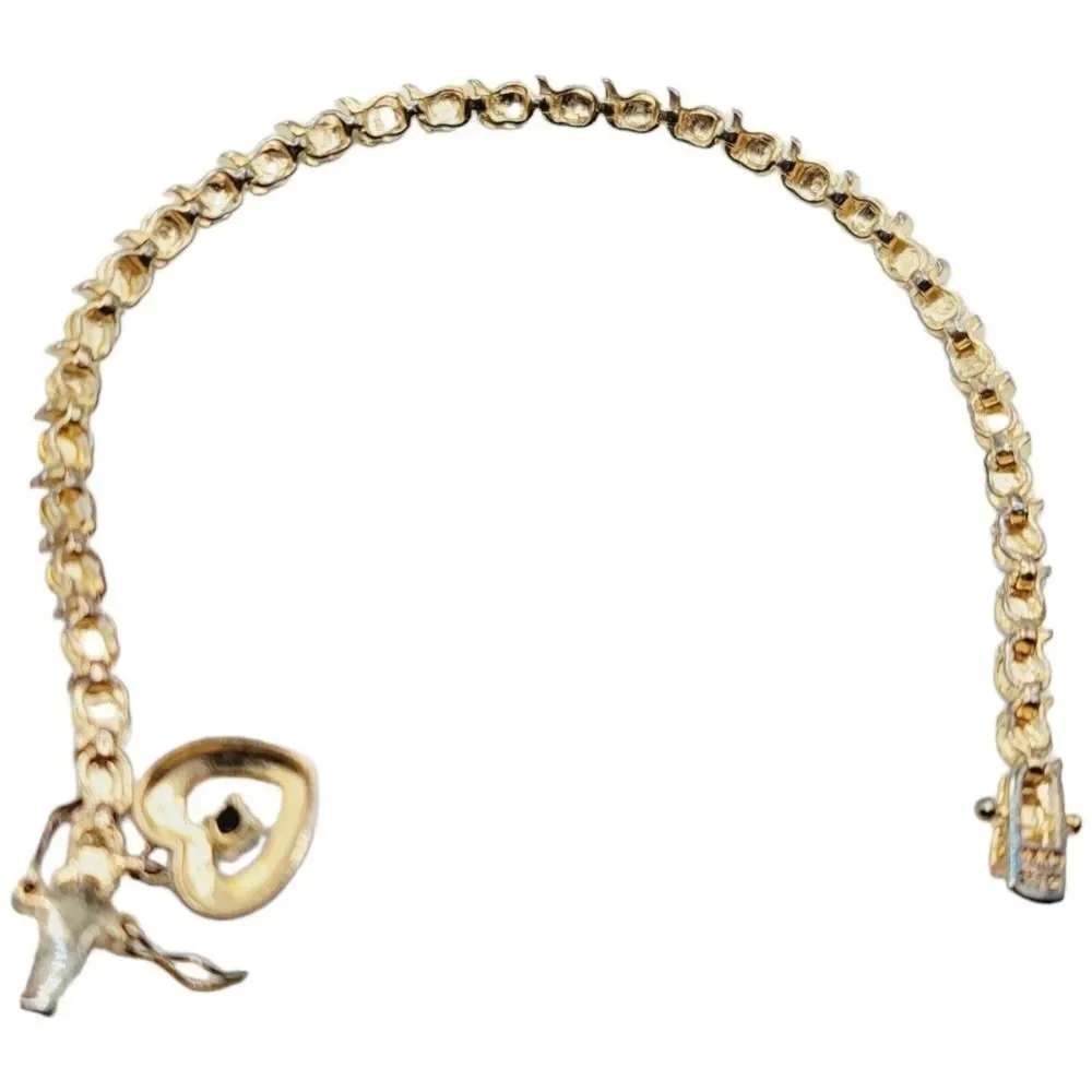 Sterling Silver Gold‎ Vermeil 925 Women’s Tennis Bracelet With Heart Charm 7